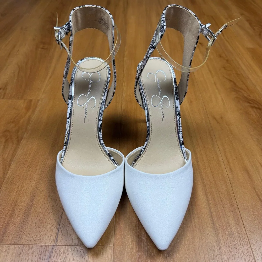Jessica Simpson Hadiya White Snakeskin Ankle Strap Pointed Toe Pumps 8MJS-HADIYA